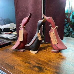 Handcrafted Teak Duck Trio - With Name Tags